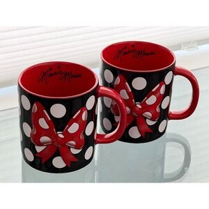 Disney Parks Minnie Mouse Polka Dot Bow Signature Mug Ceramic Coffee Cup Set 2